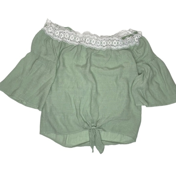 Iz Byer Girls Sage Green Knotted Cold Shoulder Top Sz 10-12 - Picture 1 of 7